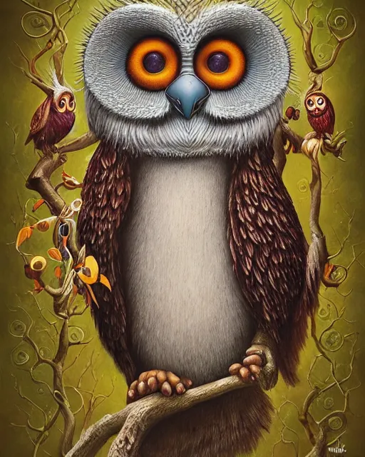 Prompt: the old wise Shaman, a painting of a monkey owl hybrid holding a bird on a branch, a detailed painting by Naoto Hattori, by Wendy Froud, behance contest winner, pop surrealism, detailed painting, lowbrow, tarot card
