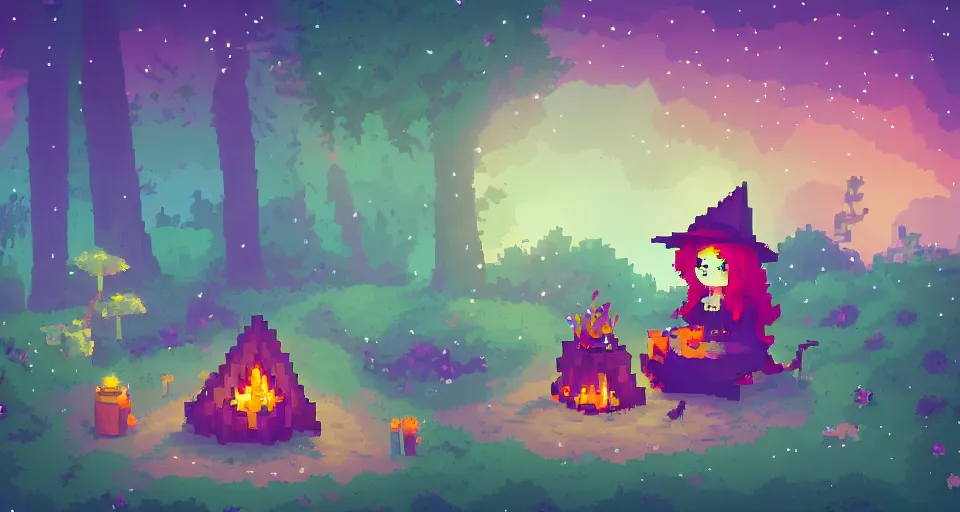 Prompt: Pixelart of a small cute witch sitting at a cozy bonfire in the forest meadow under starry sky, volumetric lighting, digital pixel art, pixiv, by Aenami