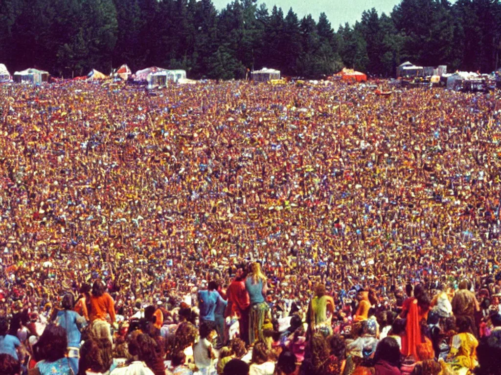 Image similar to 70s photo of trippy hippy festival Woodstock stage show with giant psychedelic mushrooms