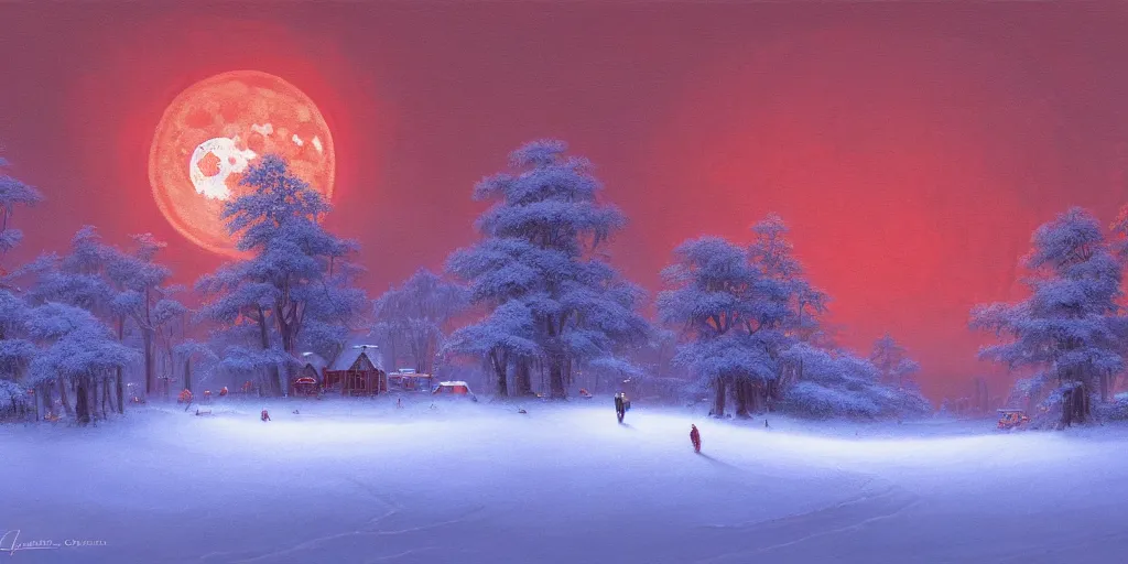 Image similar to painting a snowy landscape under a large blood red harvest supermoon, decorated, intricate, elegant, highly detailed, digital painting, artstation, concept art, smooth, sharp focus, illustration, art by gerald brom, 8 k