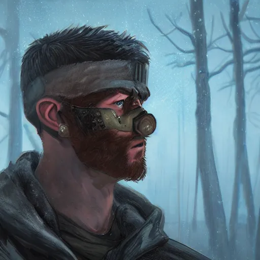 Image similar to A comic book style portrait painting of a male ranger in a a post apocalyptic winter landscape, unreal 5, DAZ, hyperrealistic, octane render, RPG portrait, ambient light, dynamic lighting