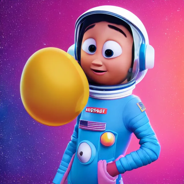 Prompt: a cute astronaut, pixar animation style, soft colors, by jeff koons, by lisa frank, octane render, colorful, spectral color, 5 d, ultra - hd, happy, good, mini, volumetric lighting