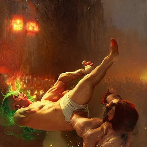 Image similar to the iron sheik breaking hulk hogan's back, radiant light, caustics, heroic, bright iridescent light, by gaston bussiere, bayard wu, greg rutkowski, maxim verehin, epic wrestling combat, legendary