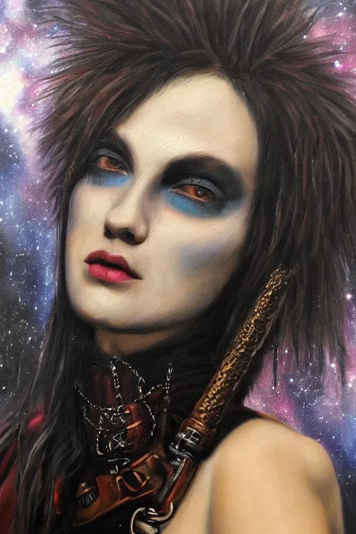 Image similar to hyperrealism oil painting, close - up portrait of punk gothic medieval brunette fashion model, knight, steel gradient mixed with nebula sky, in style of baroque