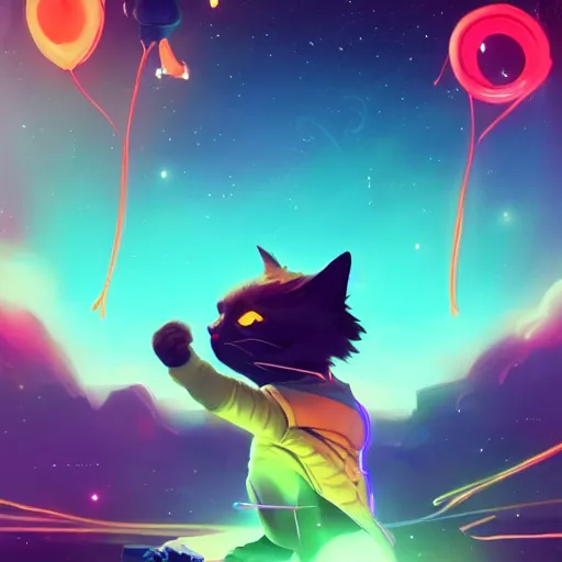 Prompt: cat with a neon balloon in space | hyperrealistic digital painting by makoto shinkai, ilya kuvshinov, lois van baarle, rossdraws | afrofuturism in the style of hearthstone and overwatch, trending on artstation