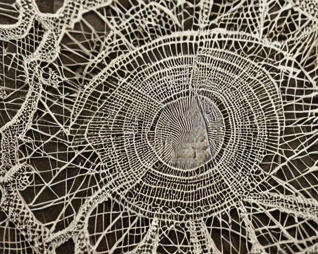 Image similar to extreme close up of a retina, made of intricate decorative lace leaf skeleton, in the style of the dutch masters and gregory crewdson, dark and moody