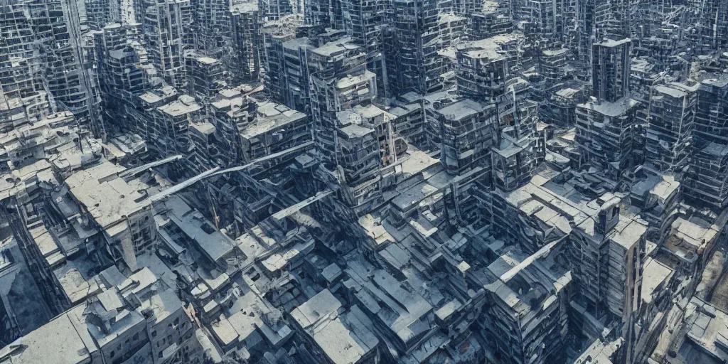 Prompt: drone view of a city with a large road through, Brutalist architecture,sharp focus,telephoto lens,digital art by Maciej Kuciara 4k