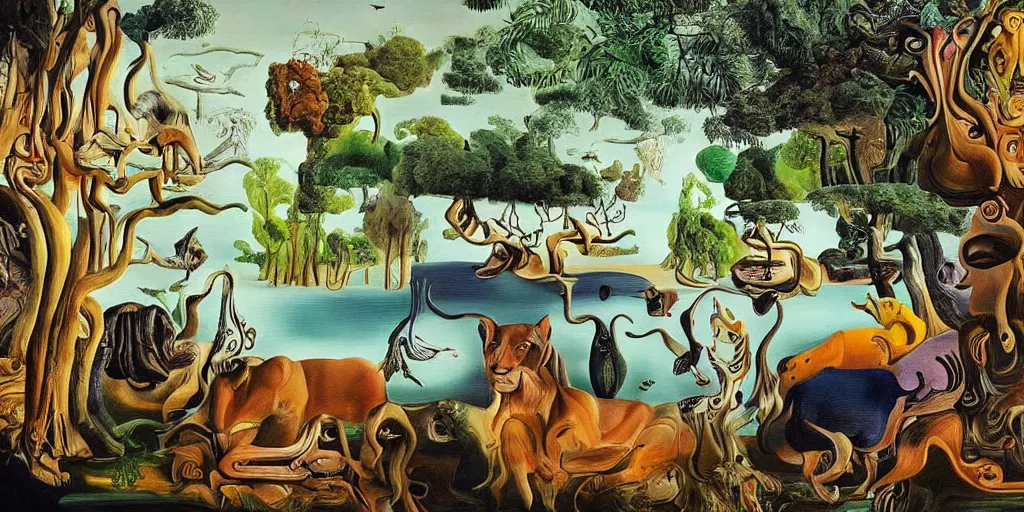 Image similar to Painting of a forest with rivers and animals in the style of Salvador Dali, highly detailed