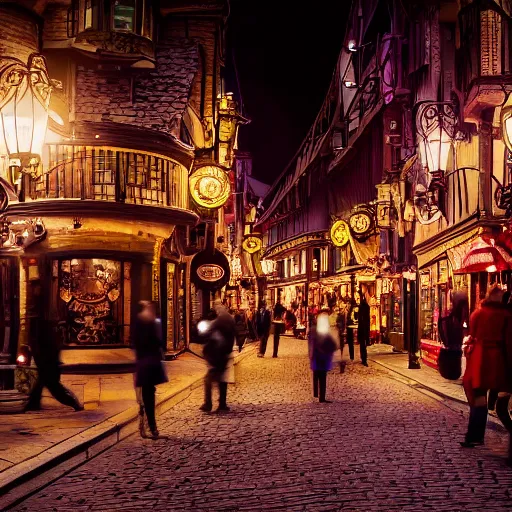 Prompt: a street level photo of a fantasy steampunk victorian city street, with people walking on the streets, at night, 4k, canon 5D