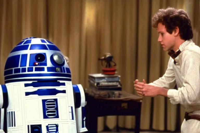 Image similar to a movie still from the 1989 romcom movie when Harry Met R2D2 starring Billy Crystal