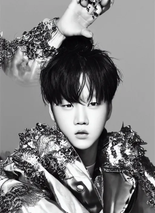 Image similar to jimin styled by nick knight posing, couture, vogue magazine, highly realistic. high resolution. highly detailed. dramatic. 8 k. 4 k.