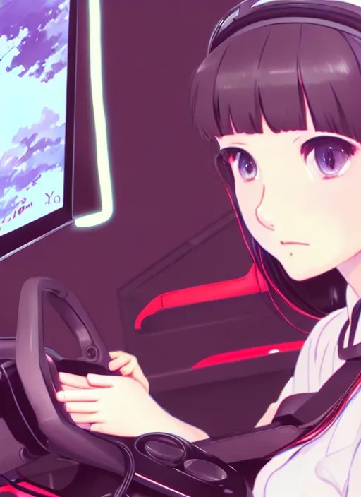 Prompt: portrait of cute girl driving on simracing simulator, personal room background, illustration concept art anime key visual trending pixiv fanbox by wlop and greg rutkowski and makoto shinkai and studio ghibli and kyoto animation, playseat evolution, symmetrical facial features, red headphones, thrustmaster t 3 0 0, small sf 1 0 0 0 steering wheel