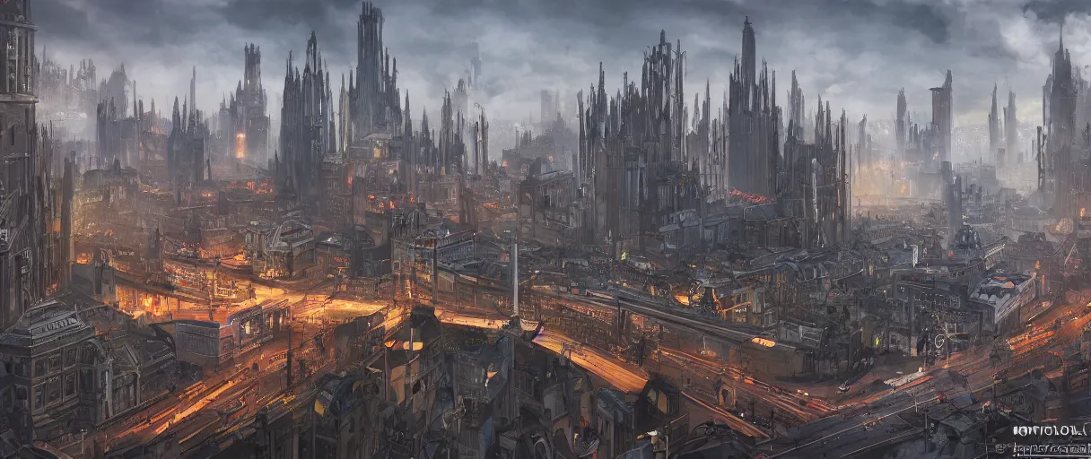 Image similar to digital concept art of dystopian, gothic berlin, high quality, high detail, in the style of Ralph McQuarrie, megacity surrounded by huge impenetrable walls, large hero buildings in the middle towering above the others, tram stations, metro, vivid colours, matte painting, photoshop