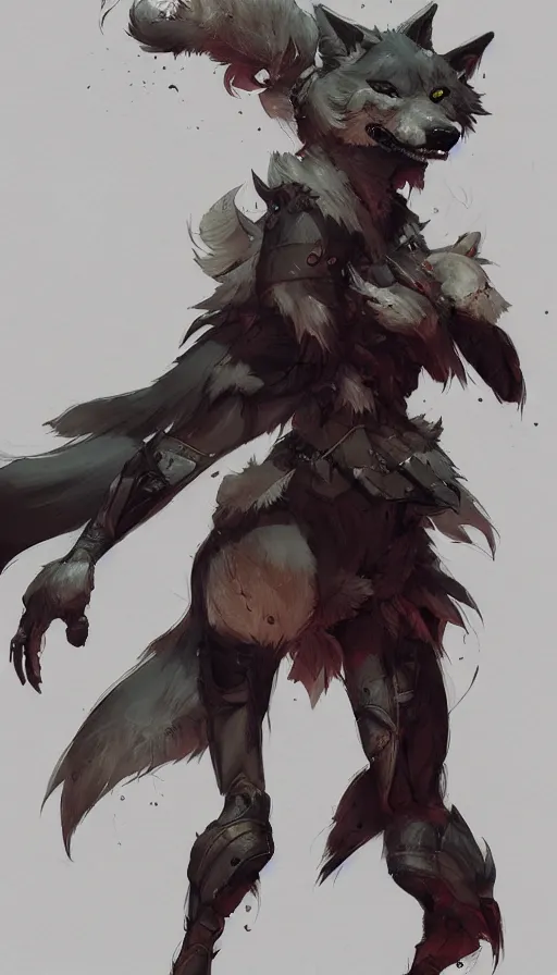 Image similar to concept art of anthropomorphized wolf fullbody, night themed, highly detailed painting by dustin nguyen, akihiko yoshida, greg tocchini, 4 k, trending on artstation, 8 k