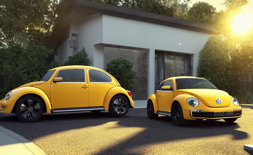 Image similar to a vw beetle parked near a modern small house with a pool at sunrise, concept art, octane render, unreal engine 5, trending on artstation, high quality, highly detailed, 8 k, soft lighting, path traced, godrays, lens flare, hyperrealistic, symmetrical, low contrast, digital art, beautiful, elegant