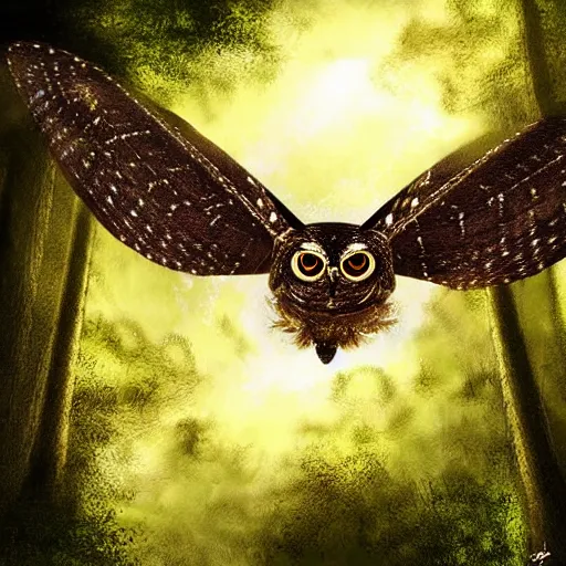 Prompt: moth owl hybrid chimera creature, flying between trees, high quality digital art, dreamy atmosphere, dramatic lighting