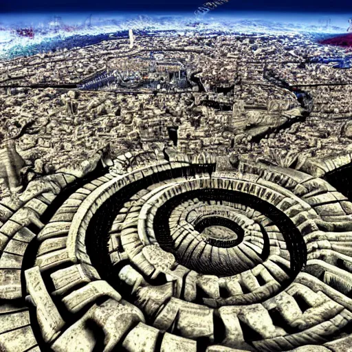 Prompt: ancient goth city with spiral-shaped streets spiraling into insanity hyperreality hd 8k plane view all very detailed high contrast