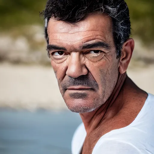 Prompt: a portrait of a antonio banderas in a beach, sigma 8 5 mm f / 1. 4