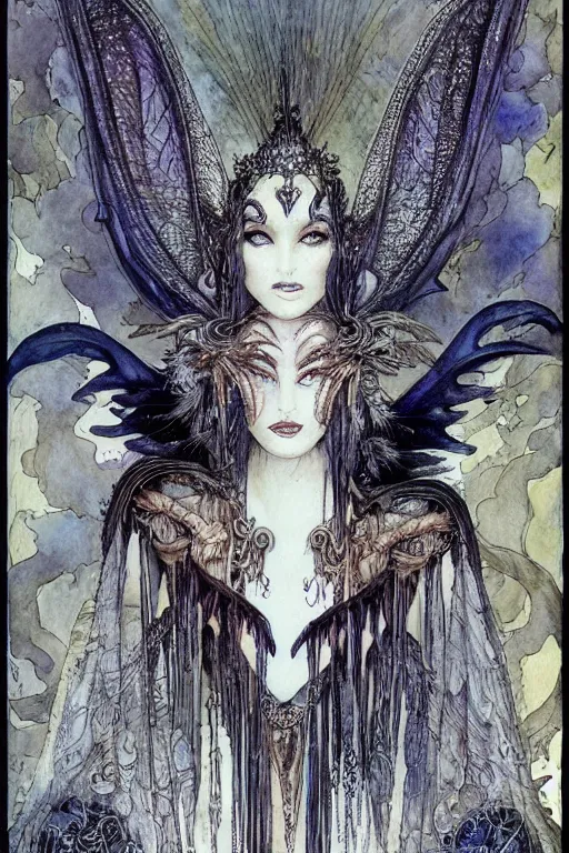 Prompt: dark fairy queen closeup face surrounded by bat wings, art by luis royo and walter crane and kay nielsen, watercolor illustration,