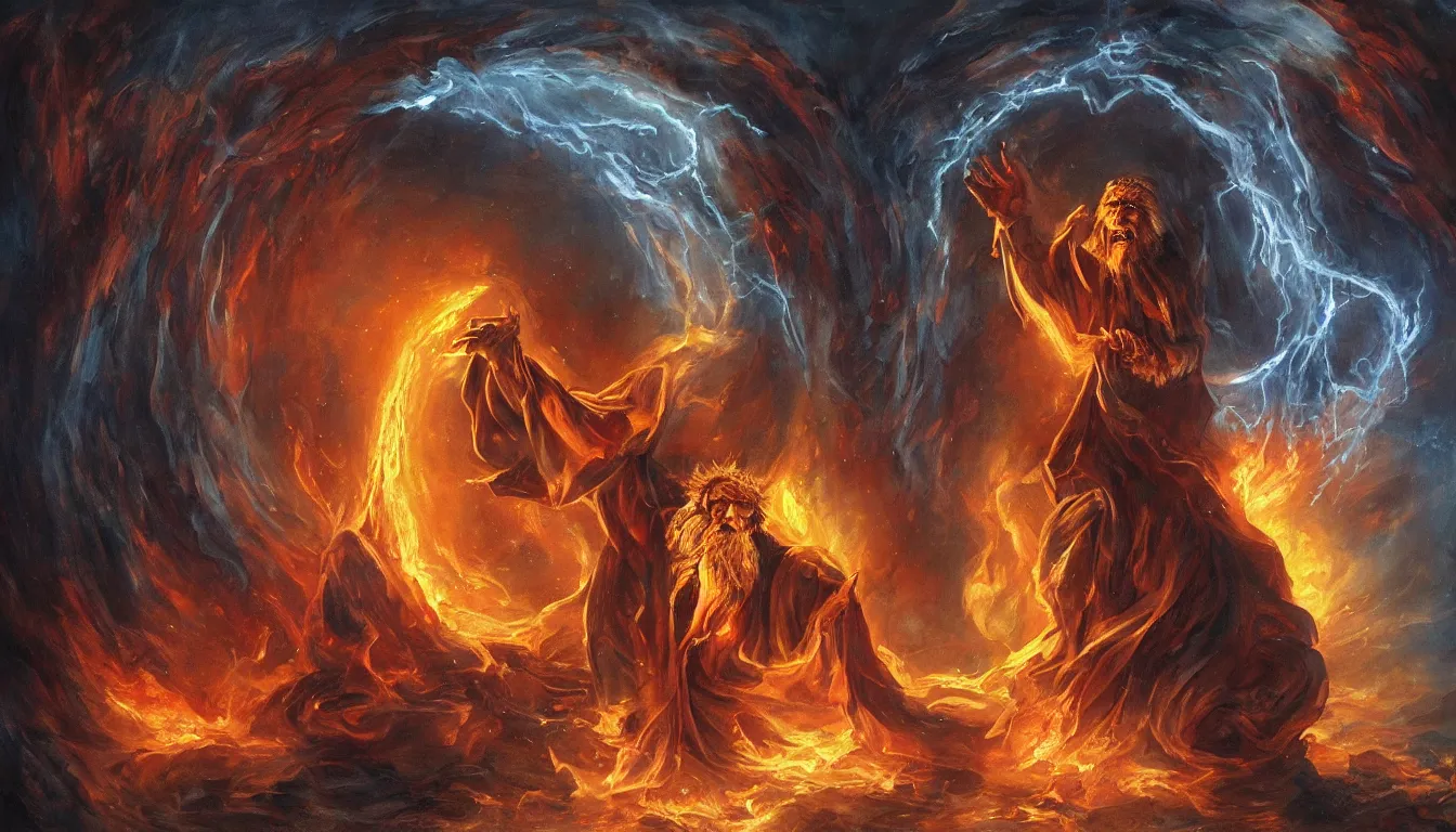 Image similar to Beautiful painting of an old wizard opening a portal to Hell, 4k