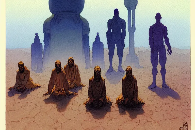 Image similar to a hyperrealist watercolour character concept art portrait of a group of middle eastern men kneeling down in prayer in front of a giant alien on a misty night in the desert. by rebecca guay, michael kaluta, charles vess and jean moebius giraud