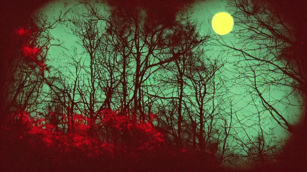 Image similar to (psychedelic) polaroid of a mystical night sky with a perfect huge moon, A glimpse through a small gap in the dark green foliage and overgrowth and the trees of the huge gibbous moon in a dark sky, wreathed in red smoke!!, starlight, night-time, dark enclosed, cozy, quiet forest night scene, spangled