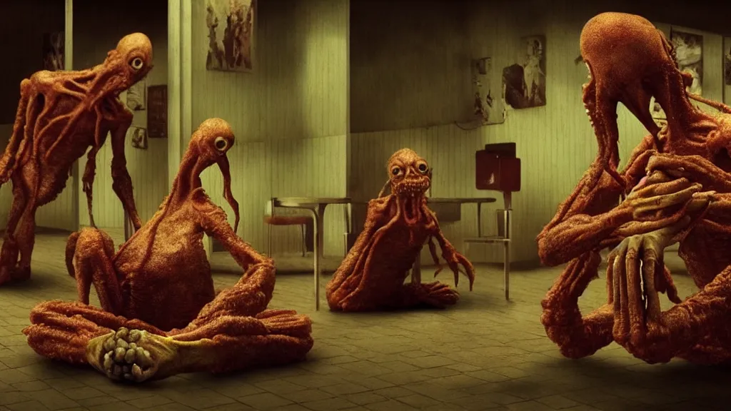 Image similar to the strange creature at the fast food place, they scare my family, film still from the movie directed by denis villeneuve and david cronenberg with art direction by salvador dali and zdzisław beksinski