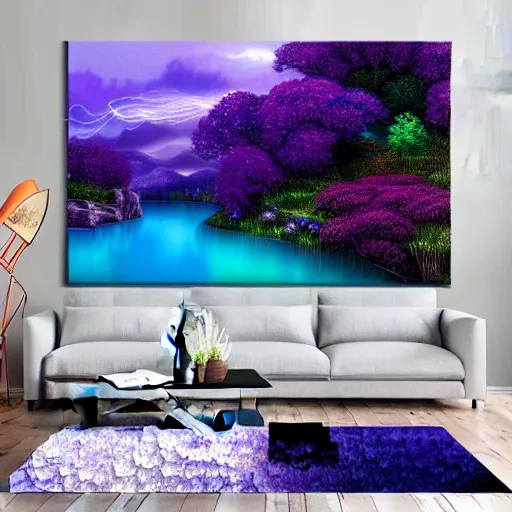 Image similar to fantasy landscape with luminescent indigo, purple, and cyan trees with tangled roots, and meadow filled with flowers, lake with terraced waterfalls detailed airbrushed painting 4 k