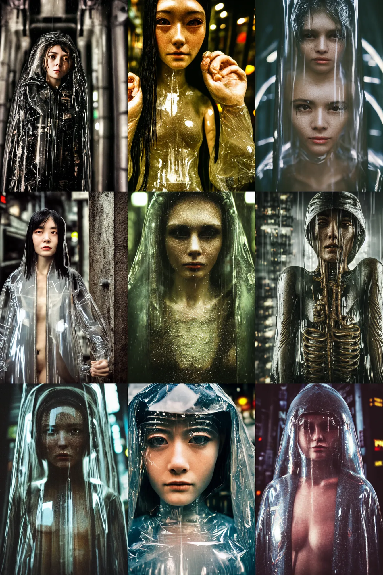 Prompt: Kodak Portra 400, 8K, highly detailed, H.R Giger style 3/4 extreme closeup portrait, clear eyes, focus on clear transparent raincoat girl model, tilt shift h.r giger style background: famous blade runner remake, tokyo izakaya scene