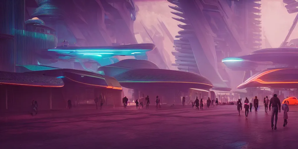 Image similar to a futuristic traditional mexican colony, blade runner 2 0 4 9 city architecture, cyberpunk mexican futuristic colonial architecture, spacex starship rocket launch site, environmental lighting, stormy weather, ray tracing, people walking on street, amazing view, highly detailed, heavy traffic, neon shops, octane render, unreal engine 5, 4 k