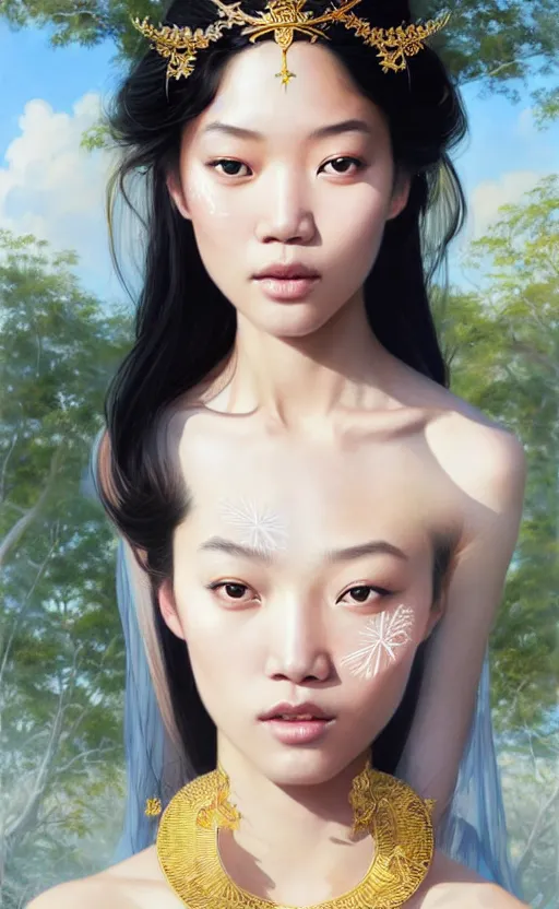 Image similar to a beautiful young charming asian goddess with sundress + jewelry + shinny eyes | | winter, symmetric, realistic shaded, unpleasant face, good looking, fine details, dior, lv, realistic shaded lighting poster by greg rutkowski, macoto takahashi, magali villeneuve, artgerm, jeremy lipkin and michael garmash