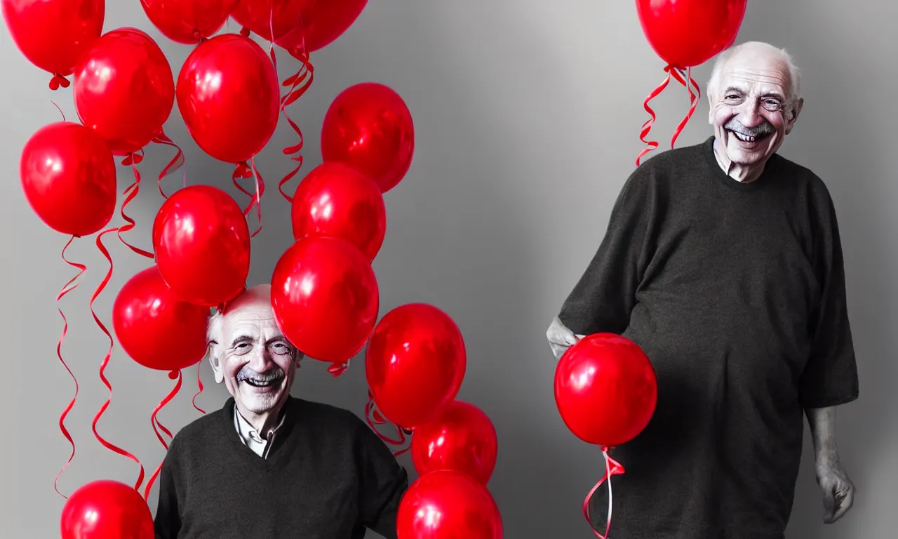 Image similar to waist up portrait of smiling old man with red balloons, highly detailed, digital painting, concept art, smooth, sharp focus, epic composition, award winning photography, gothic art, artstation, concept art, smooth and sharp focus, beautiful render, art by artgerm and wlop