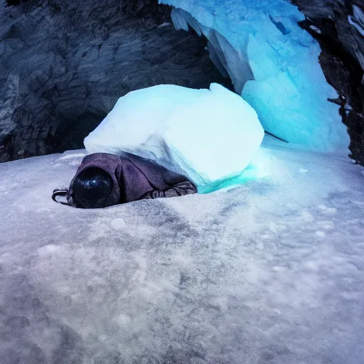 Prompt: A golem made of ice sleeping in a cave in Antarctica