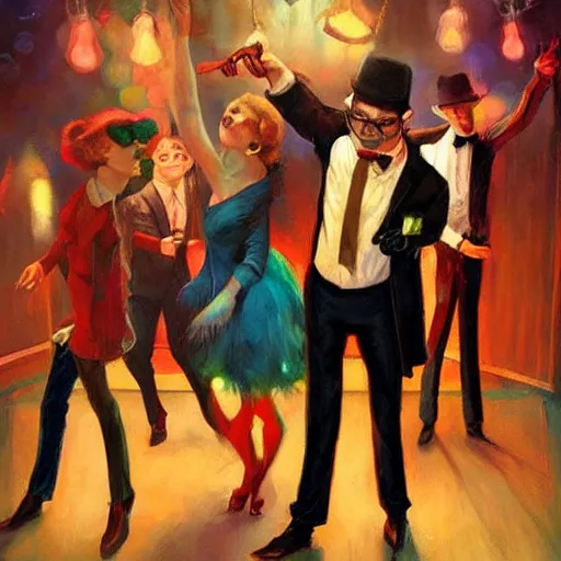 Image similar to young octupuses in a fancy vintage nightclub dancing and drinking, partylights, great colors, by esao andrews, trending on artstation