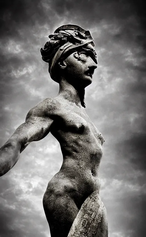 Image similar to a grecque statue, realistic and abstract at the same time, photographic, cinematic lighting, digital art,