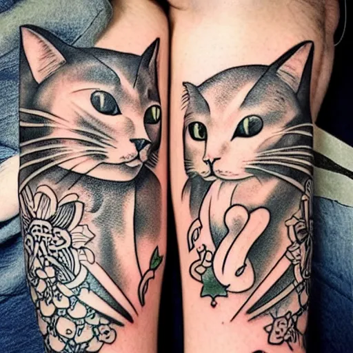 Prompt: two cats holding each other's tail, circle design, tattoo design, inking on skin, designed by Android Jones
