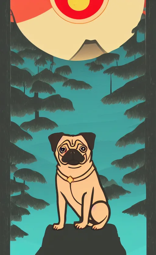 Prompt: hanafuda pug, a big red charm is floating above a forest of japanese pines, a big red sun in the background, original style, front game card, vector line art, trending on behance, concept art, stunning, matte