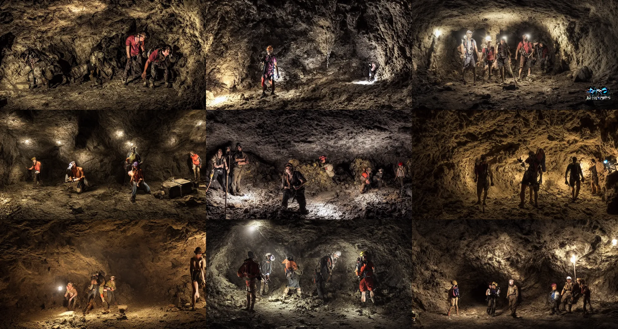 Prompt: dark underground cave explorers, 4k, uhd, photo, photorealistic, award winning