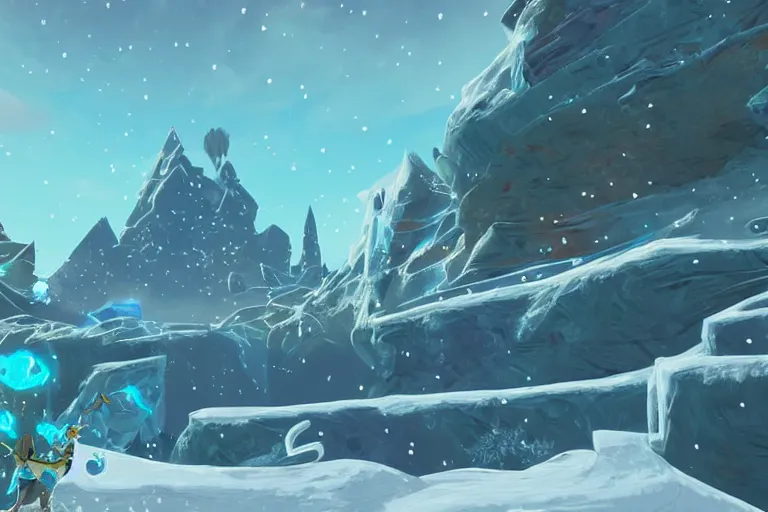 Image similar to an in game frozen landscape from the legend of zelda breath of the wild, breath of the wild art style.