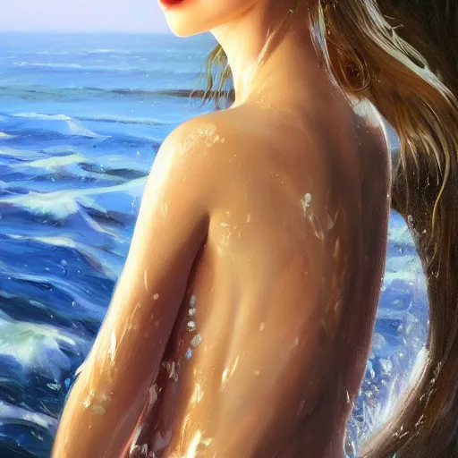 Prompt: oil painting by ilya kuvshinov,, baugh casey, artgerm craig mullins, coby whitmore, of a youthful japanese girl, long hair, wet sundress walking along the coast, highly detailed, breathtaking face, studio photography, noon, intense bounced light, water reflection, large tree casting shadow, serine intense sunlight in the style of zack snyder
