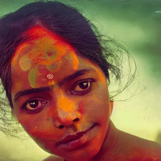 Prompt: realistic expired kodak film portrait of strange india woman cosmic mix, marigold celestial vibe, hyperrealism, hypermaxiymalism, photorealistic, detailed, atmospheric, 8 k, award winning photography, cinematic