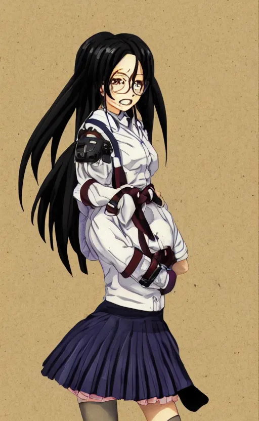 Prompt: school girl, school uniform, seifuku, pleated miniskirt, battle angel alita. by rembrandt 1 6 6 7, illustration, illustrious makinami, contrastive colors, anime