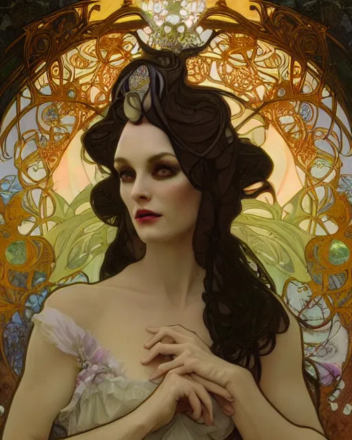 Image similar to alfons mucha and wlop detailed portrait digital rococo painting of a beautiful serious villainess wearing fantasy clothing like liliana vess, villainess has black angel wings, evil mood, hellish battlefield in the background, unreal engine, embers flying, hyper realism, realistic shading, cinematic composition, blender render, octane render, ultrawide shot