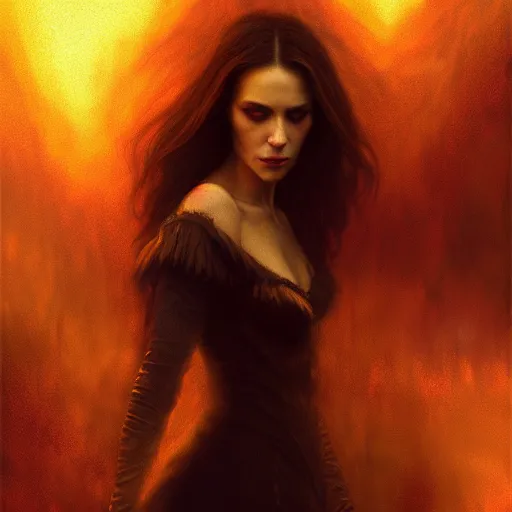 Image similar to majestic gracious regal aristocratic brunette female vampire portrait, atmospheric lighting, painted, menacing, intricate, volumetric lighting, beautiful, rich deep colours masterpiece, golden hour, sharp focus, ultra detailed, by leesha hannigan, ross tran, thierry doizon, kai carpenter, ignacio fernandez rios