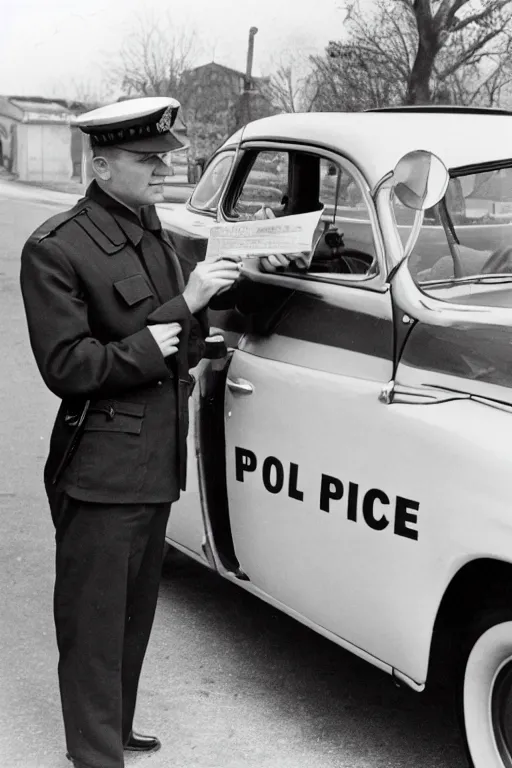 Image similar to a 1 9 5 0 s police officer issuing a ticket on a car