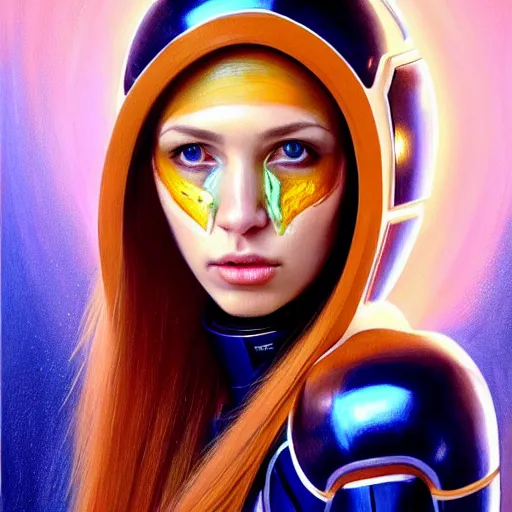 Image similar to portrait of very beautiful woman with a large obvious scar across her cheek and lips, very very beautiful, wearing futurist spacesuit space armor, Alexandria's genesis, chin-length hair, bored, illustration, soft lighting, soft details, hyper realism, high detailed, painting oil on canvas by mark arian by artgerm, trending on artstation, 4k, 8k, HD