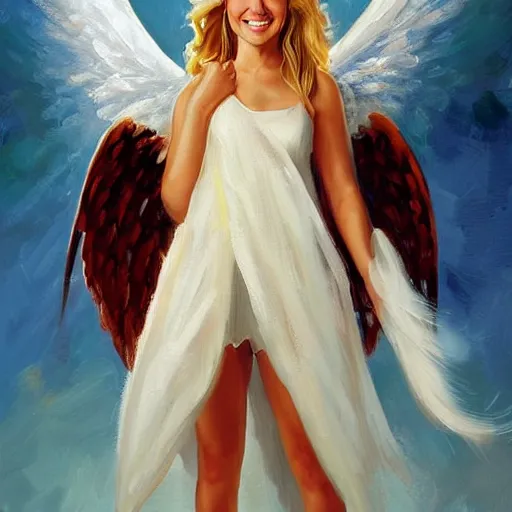 Prompt: a full - body portrait painting of an angel, a young woman with long blond hair and a halo smiling in heaven, steve henderson