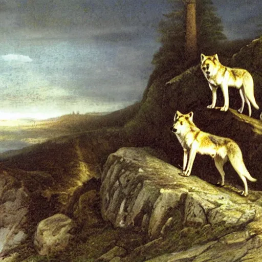 Image similar to a precipice before, wolves behind