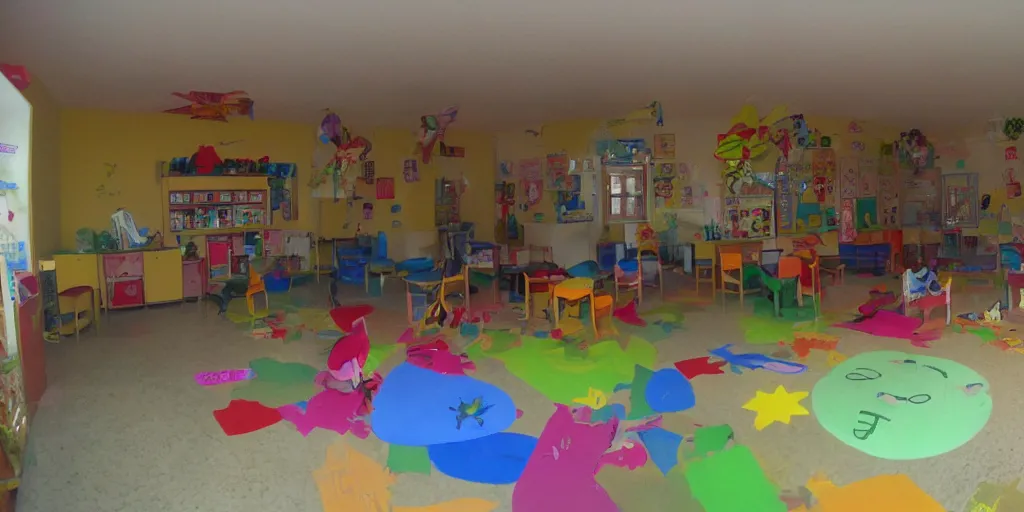 Prompt: childrens daycare indoors limital space, not well litt, creepy photo
