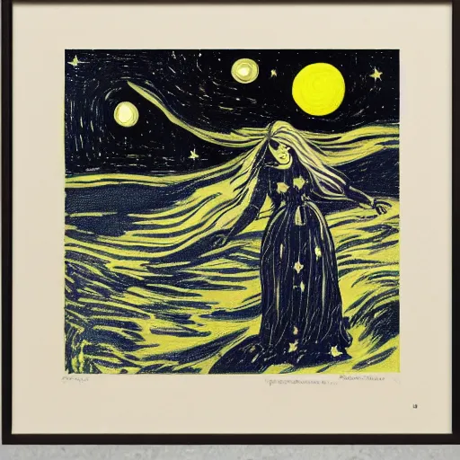 Prompt: spaceghost coast to coast by robert antoine pinchon. a beautiful print of a woman with long flowing hair, wild animals, & a dark, starry night sky.